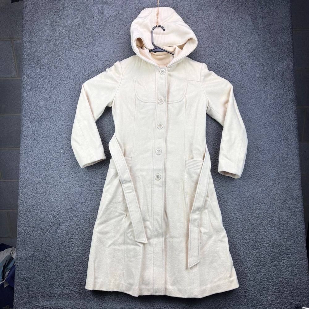 Vintage Style Cream Hooded Belted Wool Blend Trench Coat Women Medium Ivory